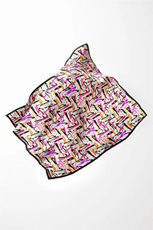 Twill Geometrik Desenli Pembe - Turuncu Renkli 90x90 Eşarp (İpek İçermez) Dikim Şekli : El Dikişi