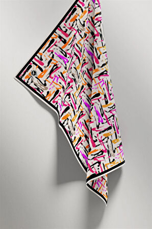 Twill Geometrik Desenli Pembe - Turuncu Renkli 90x90 Eşarp (İpek İçermez) Dikim Şekli : El Dikişi