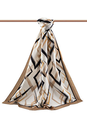 LÜKS MEDİNE İPEĞİ GEOMETRİK DESENLİ BEJ RENKLİ 75X195 KIRIŞMAZ ŞAL MOSS KREP DİKİŞ TİPİ İTALYAN DİKİŞLİ