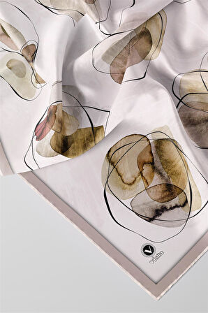 Twill Sulu Boya Geometrik Desenli Taş Renkli 90x90 Eşarp (İpek İçermez) Kenar Dikiş Şekli El Dikişli