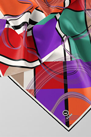 Twill Geometrik Desenli Turuncu - Kırmızı Renkli 90x90 Eşarp (İpek İçermez) Dikim Şekli : El Dikişi