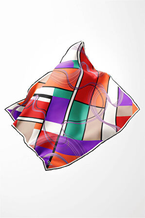 Twill Geometrik Desenli Turuncu - Kırmızı Renkli 90x90 Eşarp (İpek İçermez) Dikim Şekli : El Dikişi