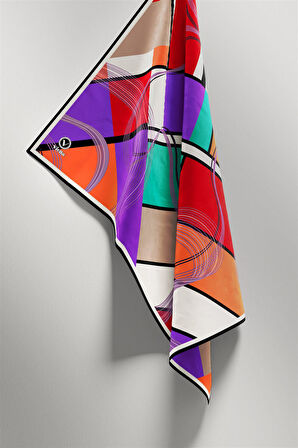 Twill Geometrik Desenli Turuncu - Kırmızı Renkli 90x90 Eşarp (İpek İçermez) Dikim Şekli : El Dikişi