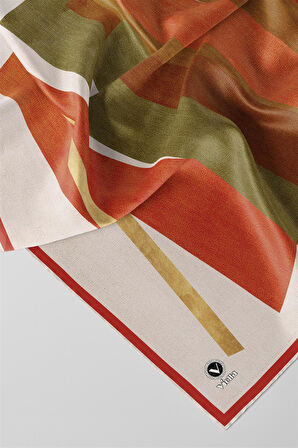 Twill Geometrik Desenli Taba Renkli 90x90 Eşarp (İpek İçermez) Kenar Dikiş Şekli El Dikişli