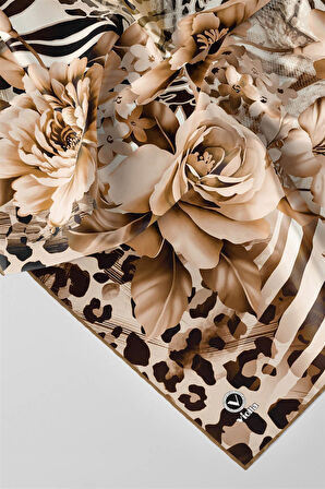 Twill Renkli Şerit Desenli Bej Renkli 90x90 Eşarp (İpek İçermez) Kenar Dikiş Şekli El Dikişli