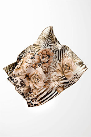 Twill Renkli Şerit Desenli Bej Renkli 90x90 Eşarp (İpek İçermez) Kenar Dikiş Şekli El Dikişli