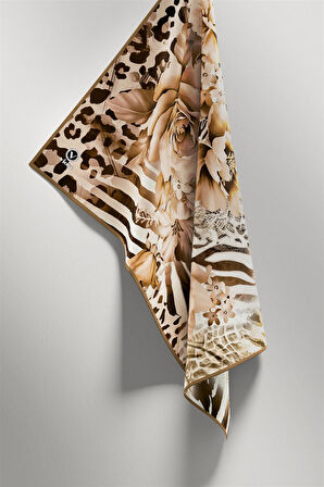 Twill Renkli Şerit Desenli Bej Renkli 90x90 Eşarp (İpek İçermez) Kenar Dikiş Şekli El Dikişli