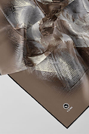 Twill Fırça Efektli Desenli Vizon Renkli 90x90 Eşarp (İpek İçermez) Kenar Dikiş Şekli El Dikişli