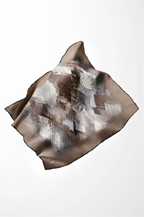 Twill Fırça Efektli Desenli Vizon Renkli 90x90 Eşarp (İpek İçermez) Kenar Dikiş Şekli El Dikişli