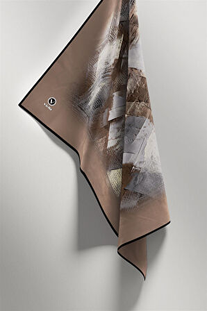 Twill Fırça Efektli Desenli Vizon Renkli 90x90 Eşarp (İpek İçermez) Kenar Dikiş Şekli El Dikişli