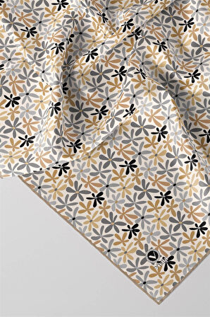 Twill Renkli Çiçek Desenli Bej Renkli 90x90 Eşarp (İpek İçermez) Kenar Dikiş Şekli El Dikişli