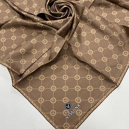 Vissona Sütlü Kahve Monogram Desenli Tivil İpek Eşarp DGN52033-0006
