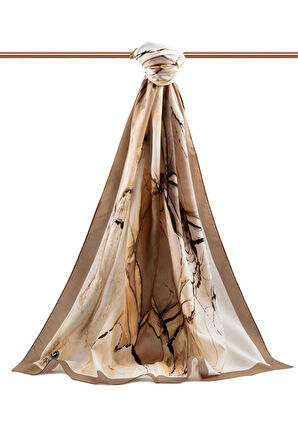 LÜKS MEDİNE İPEĞİ BATİK DESENLİ BEJ RENKLİ 75X195 KIRIŞMAZ ŞAL MOSS KREP DİKİŞ TİPİ İTALYAN DİKİŞLİ