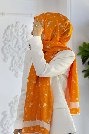 Vissona İpek Fresh Şal 60343-0013 Turuncu Krem Çiçek Desen