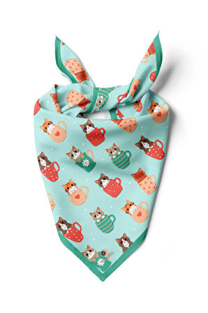 %100 İpek Fincanda Kedi Desenli Bandana