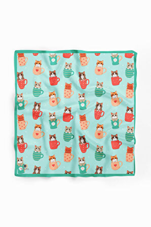 %100 İpek Fincanda Kedi Desenli Bandana