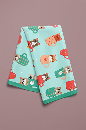 %100 İpek Fincanda Kedi Desenli Bandana