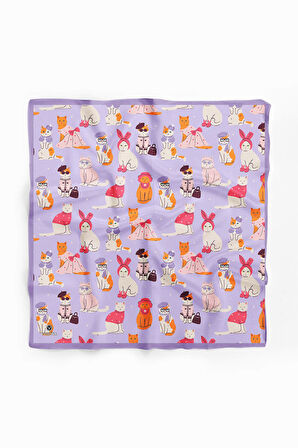 %100 İpek Süslü Kedi Desenli Kadın Bandana