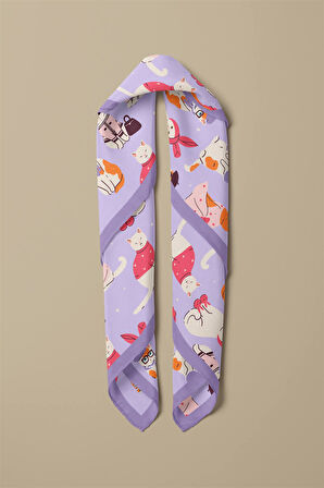 %100 İpek Süslü Kedi Desenli Kadın Bandana