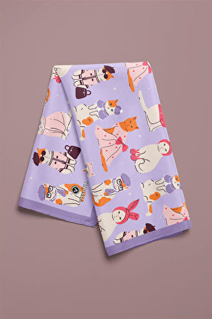 %100 İpek Süslü Kedi Desenli Kadın Bandana