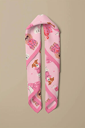 %100 İpek Süslü Köpek Desenli Kadın Bandana