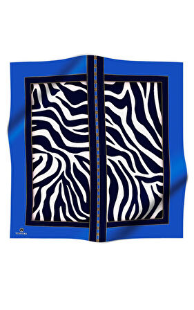 %100 Twill İpek Zebra Desenli Saks - Lacivert  Renkli 90x90 Eşarp Kenar Dikiş Şekli El Dikişli