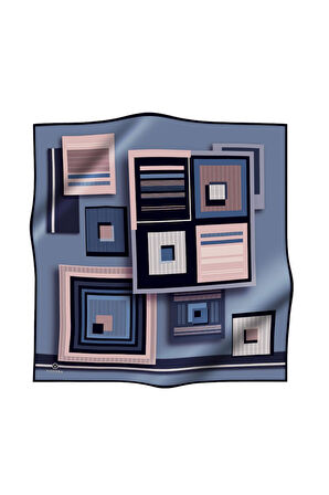 %100 Twill İpek Kare Desenli İndigo - Pudra Renkli 90x90 Eşarp Kenar Dikiş Şekli El Dikişli