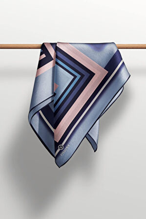 %100 Twill İpek Kare Desenli İndigo - Pudra Renkli 90x90 Eşarp Kenar Dikiş Şekli El Dikişli