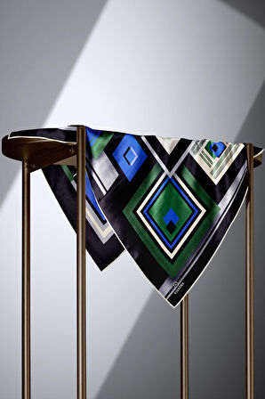 %100 Twill İpek Kare Desenli Zümrüt Yeşili - Saks Renkli 90x90 Eşarp Kenar Dikiş Şekli El Dikişli