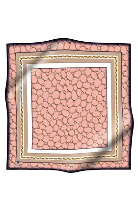 %100 Twill İpek Zincir Desenli Pudra - Bej Renkli 90x90 Eşarp Kenar Dikiş Şekli El Dikişli