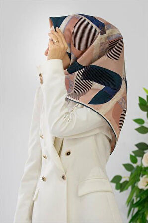 Vissona Tivil İpek Eşarp 51918 - 7 - 0033 - 0005 Lacivert Pudra Çizgi Desen