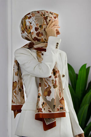 LÜKS MEDİNE İPEĞİ BAHAR DALI DESENLİ TABA RENKLİ 75X195 KIRIŞMAZ ŞAL MOSS KREP DİKİŞ TİPİ  İTALYAN DİKİŞLİ