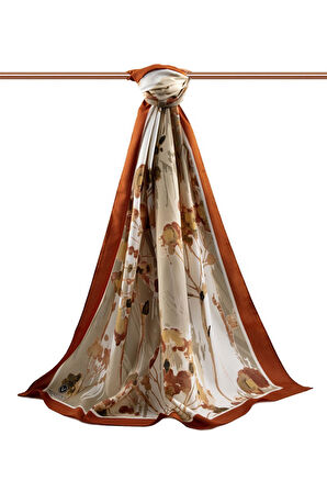 LÜKS MEDİNE İPEĞİ BAHAR DALI DESENLİ TABA RENKLİ 75X195 KIRIŞMAZ ŞAL MOSS KREP DİKİŞ TİPİ  İTALYAN DİKİŞLİ