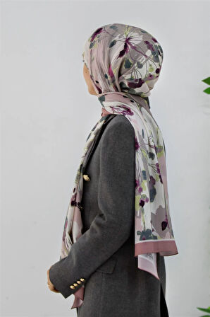 LÜKS MEDİNE İPEĞİ BAHAR DALI DESENLİ PUDRA RENKLİ 75X195 KIRIŞMAZ ŞAL MOSS KREP DİKİŞ TİPİ  İTALYAN DİKİŞLİ