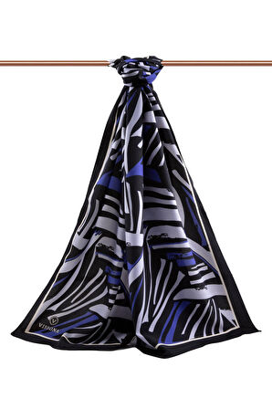 LÜKS MEDİNE İPEĞİ ÇİZGİ DESENLİ İNDİGO RENKLİ 75X195 KIRIŞMAZ ŞAL MOSS KREP DİKİŞ TİPİ  İTALYAN DİKİŞLİ