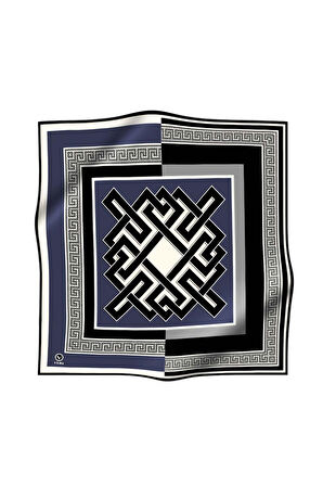 Twill Çizgili Sonsuzluk Düğümü Desenli İndigo Renkli 90x90 Eşarp (İpek İçermez)