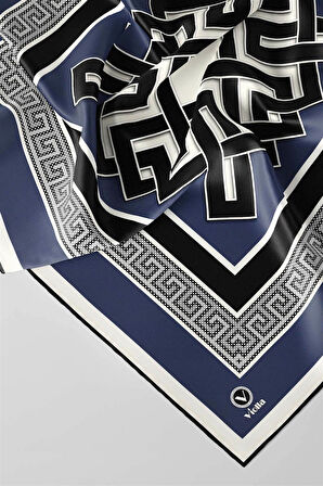 Twill Çizgili Sonsuzluk Düğümü Desenli İndigo Renkli 90x90 Eşarp (İpek İçermez)