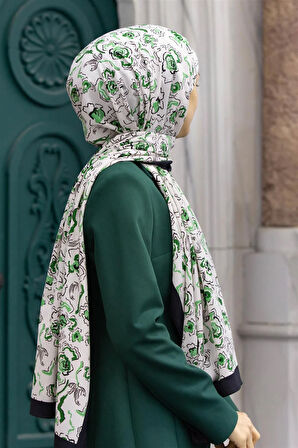 LÜKS MEDİNE İPEĞİ ÇİÇEKLİ ZÜMRÜT YEŞİLİ - MİNT YEŞİLİ  RENKLİ 75X195 KIRIŞMAZ ŞAL MOSS KREP DİKİŞ TİPİ İTALYAN DİKİŞLİ