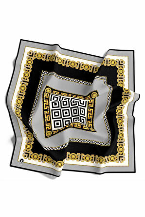 Twill Çizgili Barok Desenli Gümüş Renkli 90x90 Eşarp (İpek İçermez) Kenar Dikiş Şekli El Dikişli