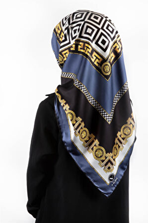 Twill Çizgili Barok Desenli İndigo Renkli 90x90 Eşarp (İpek İçermez)