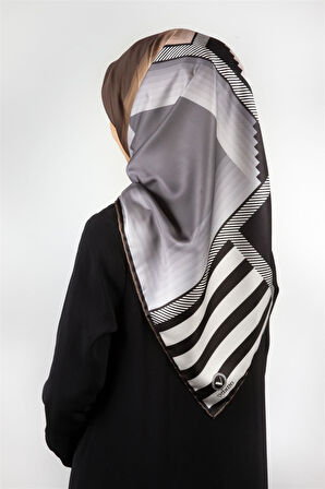 Twill Geometrik Desenli Vizon Renkli 90x90 Eşarp (İpek İçermez) Kenar Dikiş Şekli El Dikişli