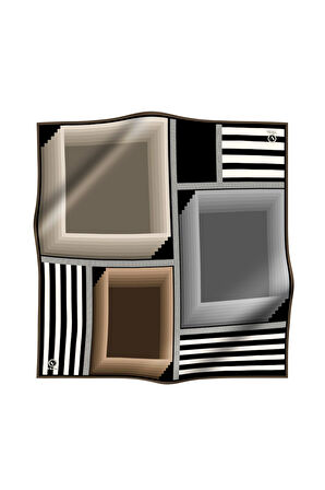 Twill Geometrik Desenli Vizon Renkli 90x90 Eşarp (İpek İçermez) Kenar Dikiş Şekli El Dikişli