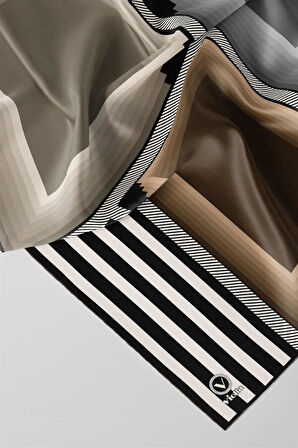 Twill Geometrik Desenli Vizon Renkli 90x90 Eşarp (İpek İçermez) Kenar Dikiş Şekli El Dikişli