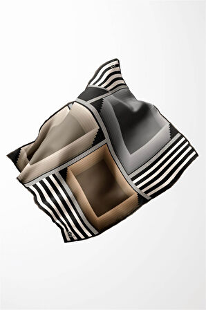 Twill Geometrik Desenli Vizon Renkli 90x90 Eşarp (İpek İçermez) Kenar Dikiş Şekli El Dikişli