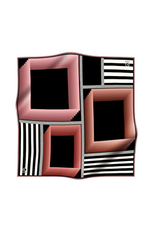 Twill Geometrik Desenli Pudra Renkli 90x90 Eşarp (İpek İçermez) Kenar Dikiş Şekli El Dikişli