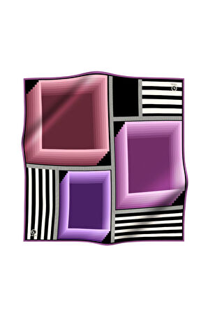 Twill Geometrik Desenli Lila Renkli 90x90 Eşarp (İpek İçermez) Kenar Dikiş Şekli El Dikişli
