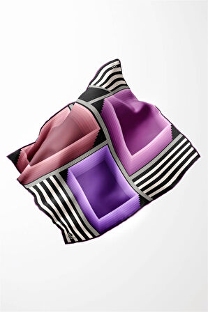 Twill Geometrik Desenli Lila Renkli 90x90 Eşarp (İpek İçermez) Kenar Dikiş Şekli El Dikişli