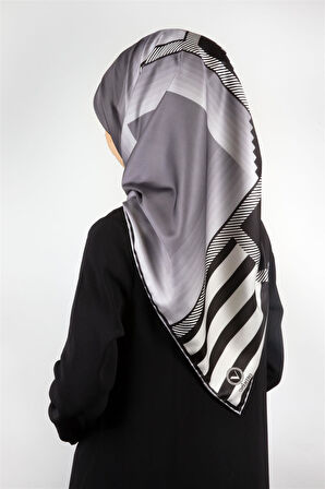 Twill Geometrik Desenli Gri Renkli 90x90 Eşarp (İpek İçermez) Kenar Dikiş Şekli El Dikişli