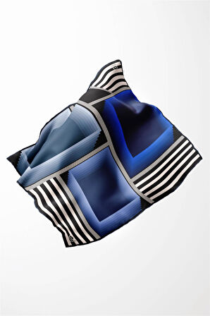 Twill Geometrik Desenli Saks Renkli 90x90 Eşarp (İpek İçermez) Kenar Dikiş Şekli El Dikişli