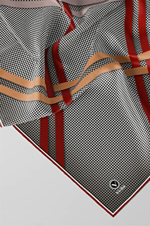 Twill Çizgili Pötikareli Çizgili Desenli Bordo - Bej Renkli 90x90 Eşarp (İpek İçermez)